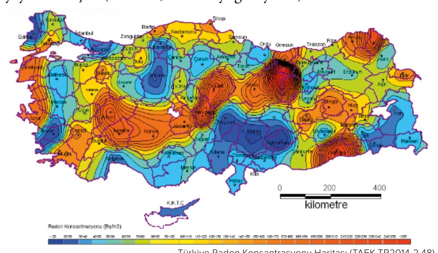 Türkiye radon konsantrasyonu haritası